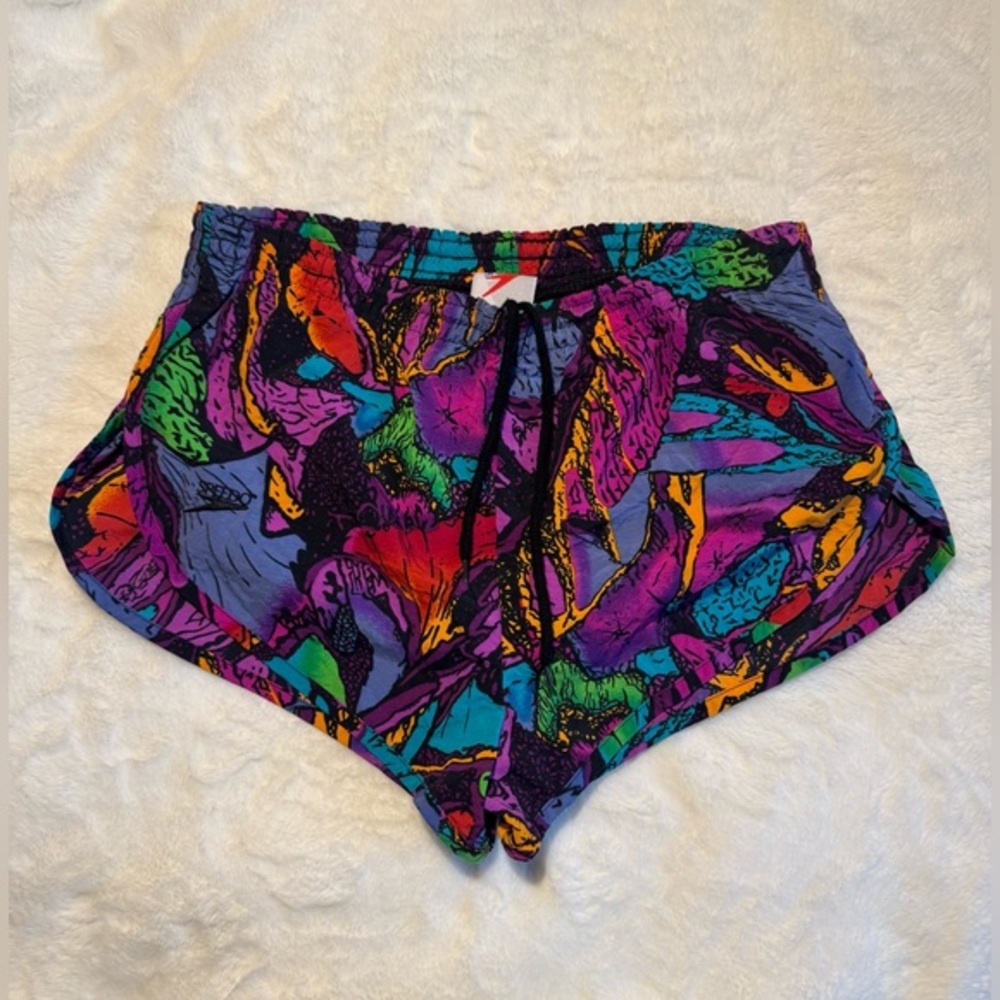 VINTAGE 80s RARE Speedo Multi-Color Abstract Track Shorts
